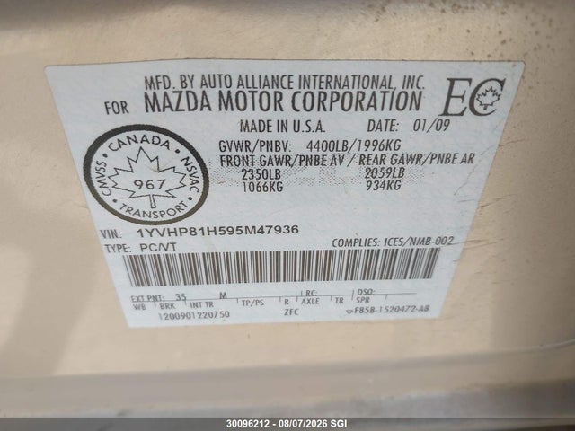2009 Mazda 6 I მანქანა იყიდება აუქციონზე, vin: 1YVHP81H595M47936, აუქციონის ნომერი: 30096212