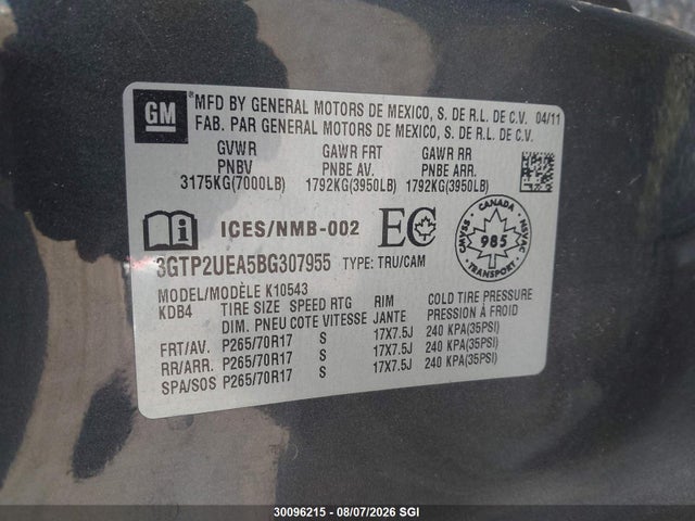 30096215 :رقم المزاد ، 3GTP2UEA5BG307955 vin ، 2011 Gmc Sierra K1500 Sl مزاد بيع