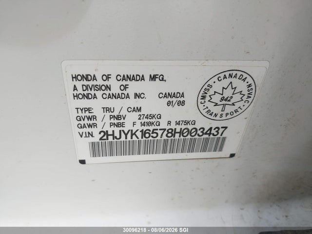 Продаж на аукціоні авто 2008 Honda Ridgeline Rtl, vin: 2HJYK16578H003437, номер лоту: 30096218