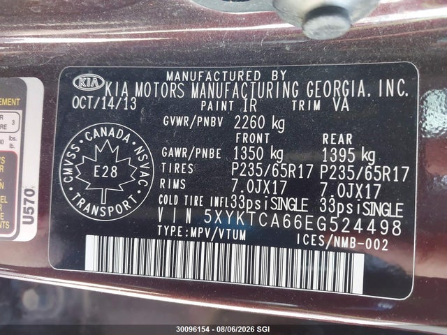 30096154 :رقم المزاد ، 5XYKTCA66EG524498 vin ، 2014 Kia Sorento Lx مزاد بيع
