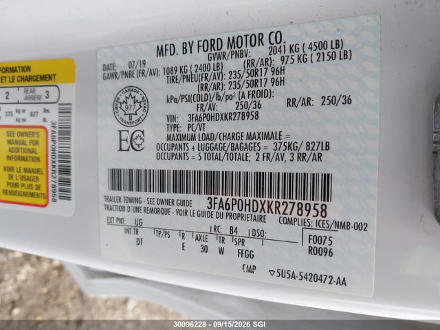 3FA6P0HDXKR278958 Ford FUSION SE