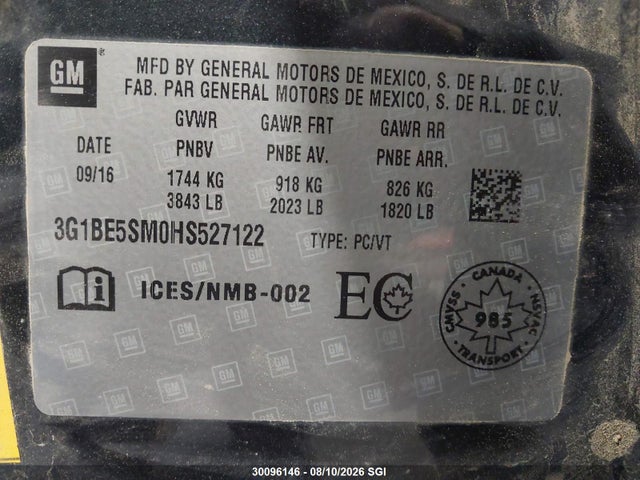 Продажа на аукционе авто 2017 Chevrolet Cruze Lt, vin: 3G1BE5SM0HS527122, номер лота: 30096146