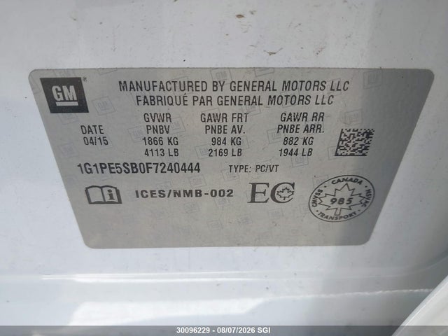 Продаж на аукціоні авто 2015 Chevrolet Cruze Lt, vin: 1G1PE5SB0F7240444, номер лоту: 30096229