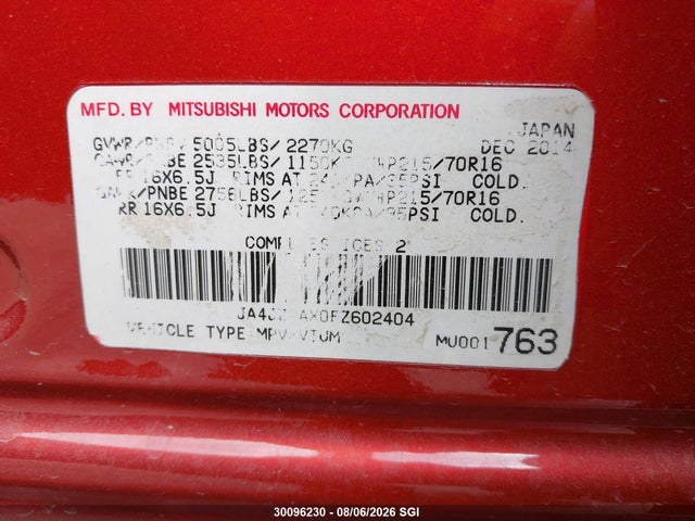 Продаж на аукціоні авто 2015 Mitsubishi Outlander Se, vin: JA4JZ3AX0FZ602404, номер лоту: 30096230