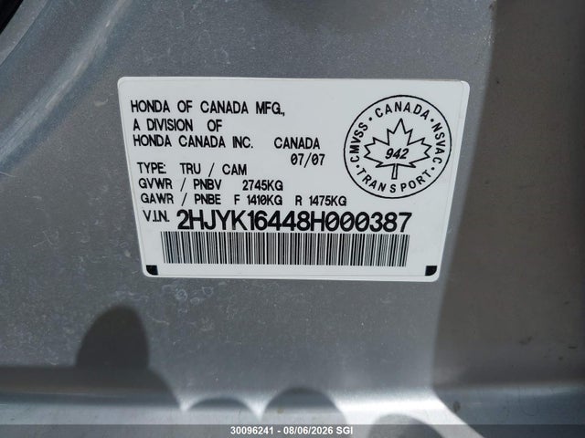 2008 Honda Ridgeline Rts მანქანა იყიდება აუქციონზე, vin: 2HJYK16448H000387, აუქციონის ნომერი: 30096241