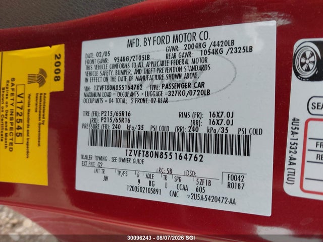 30096243 :رقم المزاد ، 1ZVFT80N855164762 vin ، 2005 Ford Mustang مزاد بيع