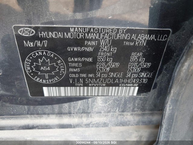 30096244 :رقم المزاد ، 5NMZUDLA1HH049310 vin ، 2017 Hyundai Santa Fe Sport مزاد بيع