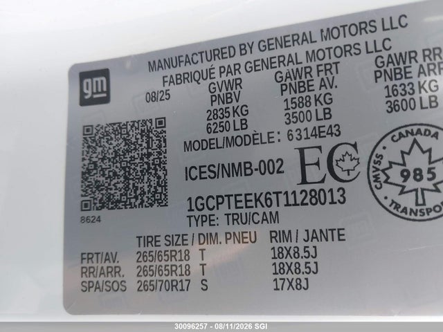 30096257 :رقم المزاد ، 1GCPTEEK6T1128013 vin ، 2026 Chevrolet Colorado Trail Boss مزاد بيع