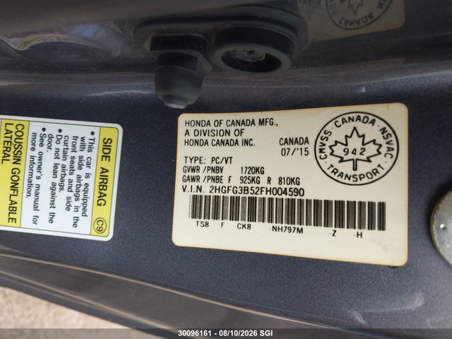 30096161 :رقم المزاد ، 2HGFG3B52FH004590 vin ، 2015 Honda Civic Ex مزاد بيع