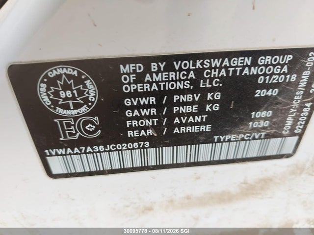 Продажа на аукционе авто 2018 Volkswagen Passat S/r-line, vin: 1VWAA7A36JC020673, номер лота: 30095778