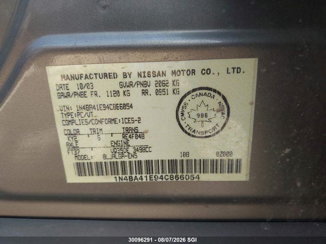 2004 Nissan Maxima Se/sl მანქანა იყიდება აუქციონზე, vin: 1N4BA41E94C866054, აუქციონის ნომერი: 30096291