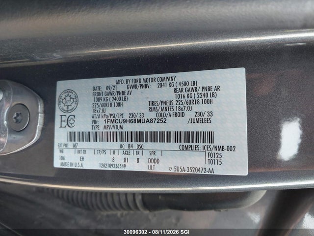 Aukcja sprzedaży 2021 Ford Escape Sel, vin: 1FMCU9H68MUA87252, numer aukcji: 30096302