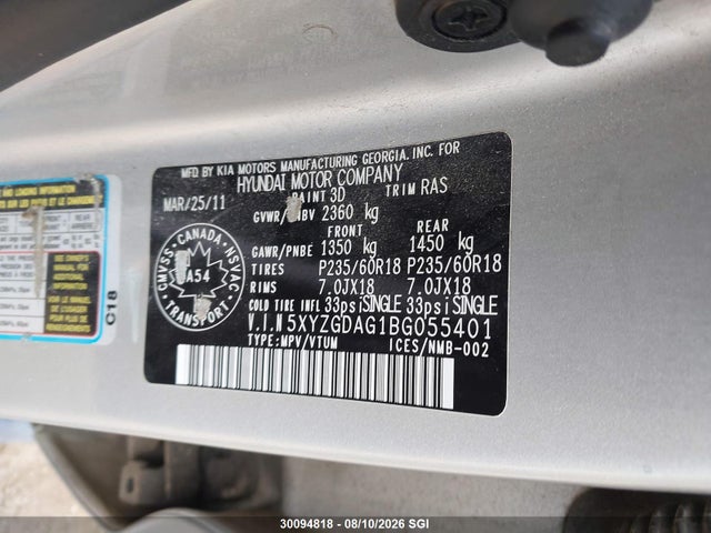 30094818 :رقم المزاد ، 5XYZGDAG1BG055401 vin ، 2011 Hyundai Santa Fe Gls مزاد بيع