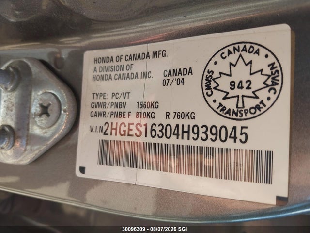 2004 Honda Civic Dx Vp მანქანა იყიდება აუქციონზე, vin: 2HGES16304H939045, აუქციონის ნომერი: 30096309