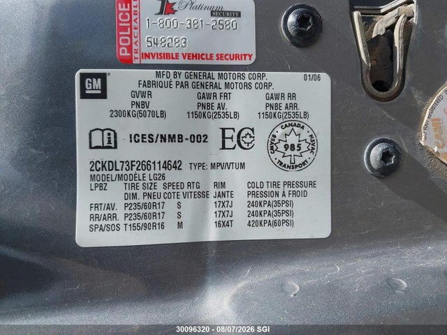 2006 Pontiac Torrent მანქანა იყიდება აუქციონზე, vin: 2CKDL73F266114642, აუქციონის ნომერი: 30096320