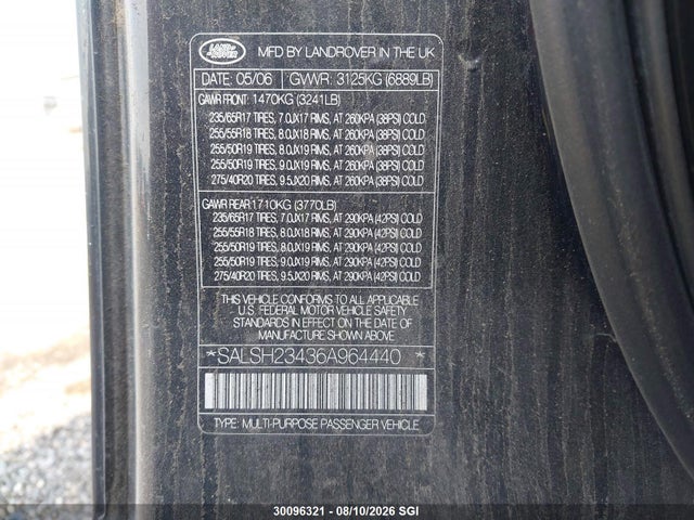 30096321 :رقم المزاد ، SALSH23436A964440 vin ، 2006 Land Rover Range Rover Sport Supercharged مزاد بيع
