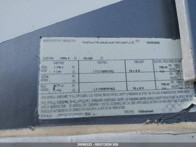 Продажа на аукционе авто 2009 Heartland Landmark, vin: 5SFGF37209E011874, номер лота: 30096322
