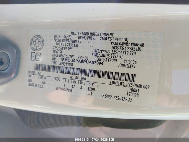 30095315 :رقم المزاد ، 1FMCU9PA9PUA57994 vin ، 2023 Ford Escape St Line Elite مزاد بيع