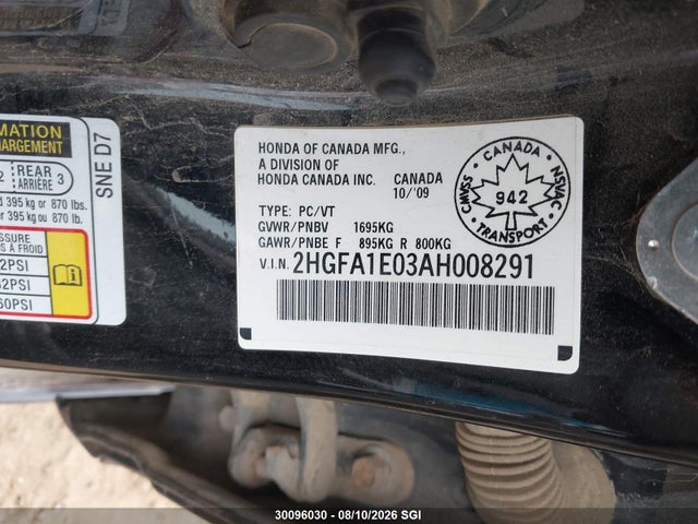 Aukcja sprzedaży 2010 Honda Civic Exl, vin: 2HGFA1E03AH008291, numer aukcji: 30096030