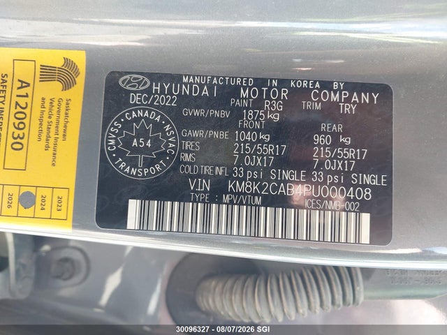 2023 Hyundai Kona Se მანქანა იყიდება აუქციონზე, vin: KM8K2CAB4PU000408, აუქციონის ნომერი: 30096327