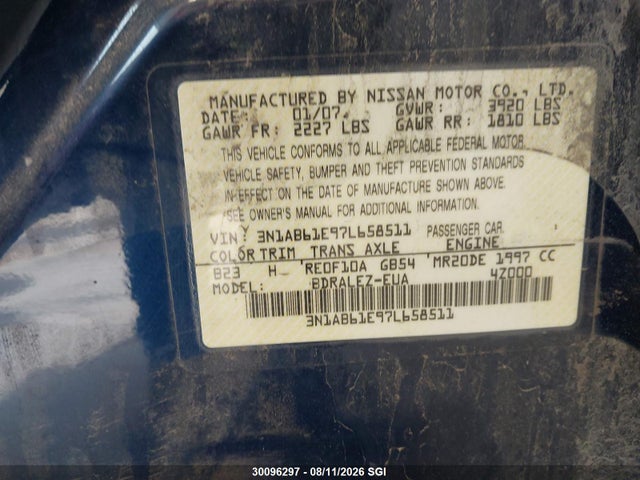 Aukcja sprzedaży 2007 Nissan Sentra 2.0/2.0s/2.0sl, vin: 3N1AB61E97L658511, numer aukcji: 30096297