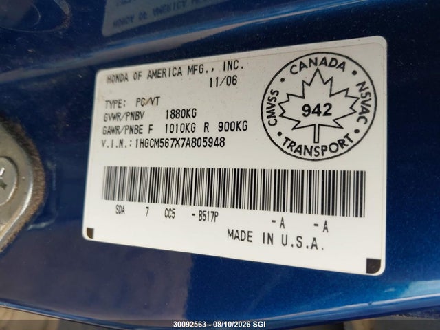 30092563 :رقم المزاد ، 1HGCM567X7A805948 vin ، 2007 Honda Accord Ex مزاد بيع
