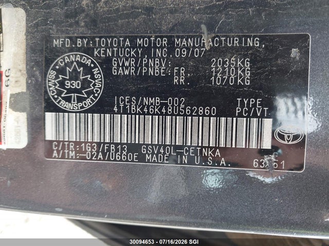 Aukcja sprzedaży 2008 Toyota Camry Le/xle/se, vin: 4T1BK46K48U562860, numer aukcji: 30094653