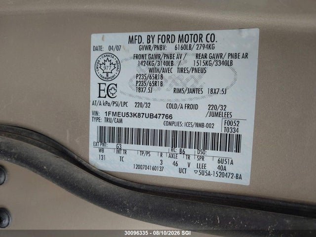 Продажа на аукционе авто 2007 Ford Explorer Sport Trac Limited, vin: 1FMEU53K87UB47766, номер лота: 30096335