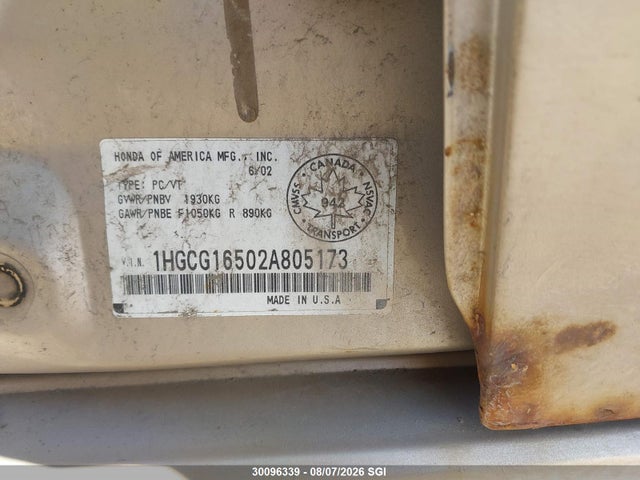 2002 Honda Accord Ex მანქანა იყიდება აუქციონზე, vin: 1HGCG16502A805173, აუქციონის ნომერი: 30096339