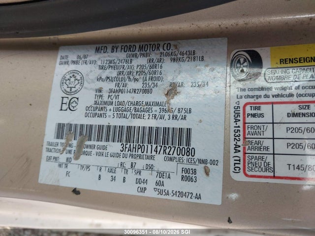 Aukcja sprzedaży 2007 Ford Fusion Se, vin: 3FAHP01147R270080, numer aukcji: 30096351