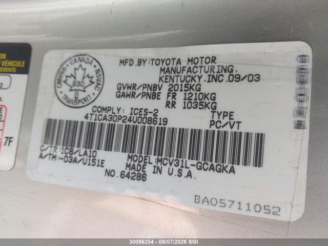 30096354 :رقم المزاد ، 4T1CA30P24U008619 vin ، 2004 Toyota Camry Solara Se/sle مزاد بيع