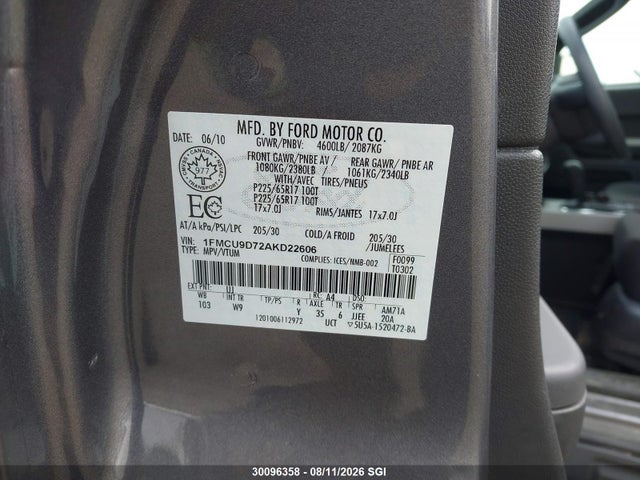 2010 Ford Escape Xlt მანქანა იყიდება აუქციონზე, vin: 1FMCU9D72AKD22606, აუქციონის ნომერი: 30096358