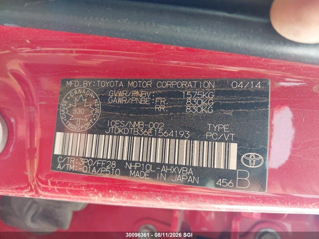 30096361 :رقم المزاد ، JTDKDTB36E1564193 vin ، 2014 Toyota Prius C مزاد بيع
