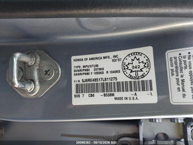 30096363 :رقم المزاد ، 5J6RE48517L811275 vin ، 2007 Honda Cr-v Ex مزاد بيع