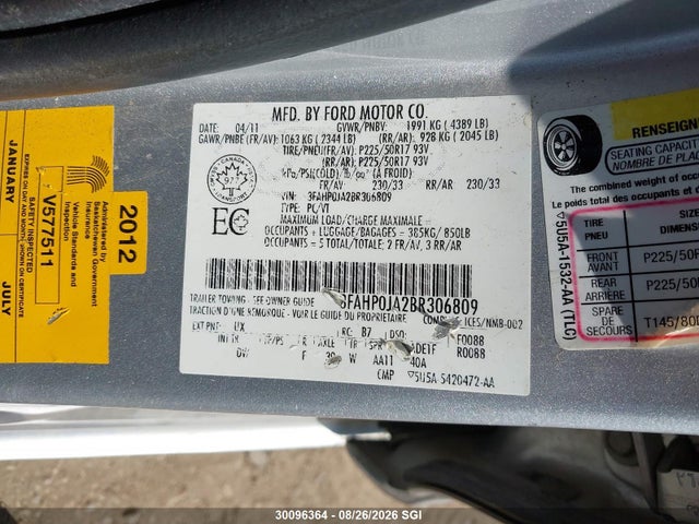 Продажа на аукционе авто 2011 Ford Fusion Sel, vin: 3FAHP0JA2BR306809, номер лота: 30096364