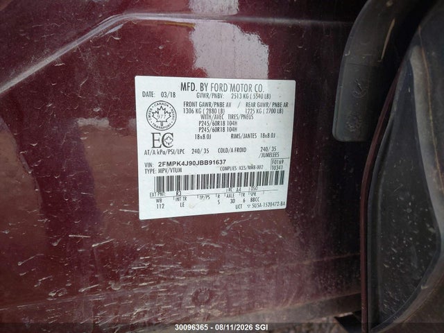 30096365 :رقم المزاد ، 2FMPK4J90JBB91637 vin ، 2018 Ford Edge Sel مزاد بيع