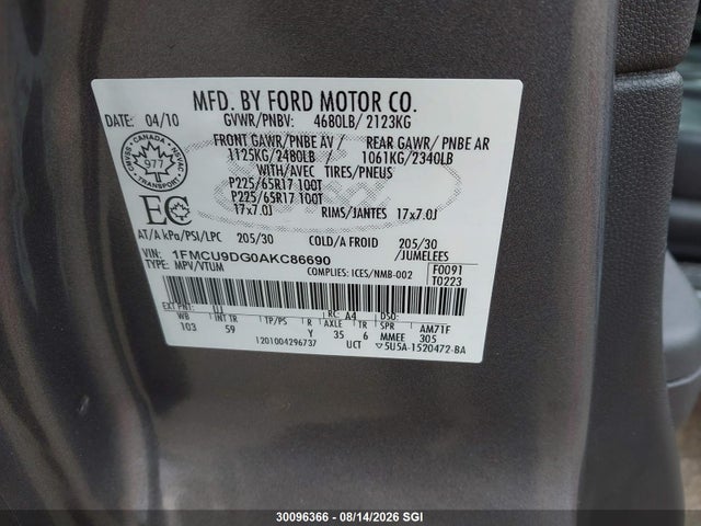 Aukcja sprzedaży 2010 Ford Escape Xlt, vin: 1FMCU9DG0AKC86690, numer aukcji: 30096366