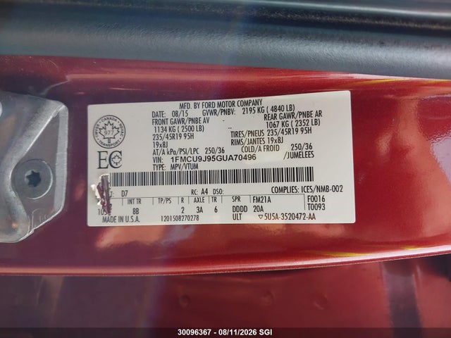 2016 Ford Escape Titanium მანქანა იყიდება აუქციონზე, vin: 1FMCU9J95GUA70496, აუქციონის ნომერი: 30096367