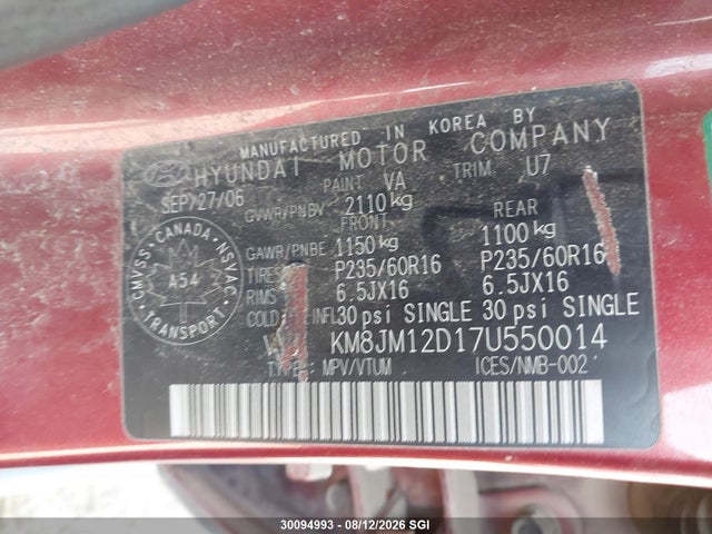 2007 Hyundai Tucson მანქანა იყიდება აუქციონზე, vin: KM8JM12D17U550014, აუქციონის ნომერი: 30094993