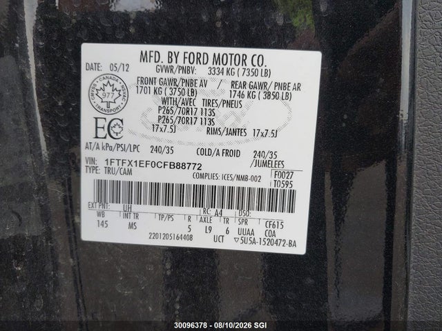 Aukcja sprzedaży 2012 Ford F150 Super Cab, vin: 1FTFX1EF0CFB88772, numer aukcji: 30096378