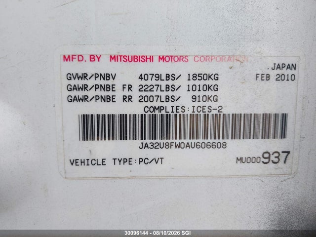 Aukcja sprzedaży 2010 Mitsubishi Lancer Gts, vin: JA32U8FW0AU606608, numer aukcji: 30096144