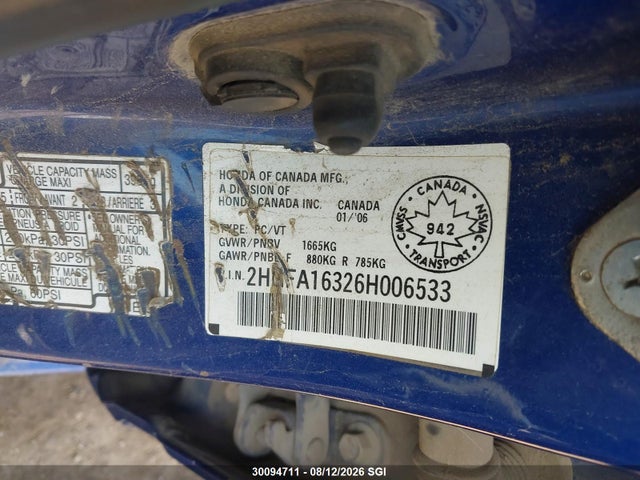 Продажа на аукционе авто 2006 Honda Civic Dx Vp, vin: 2HGFA16326H006533, номер лота: 30094711
