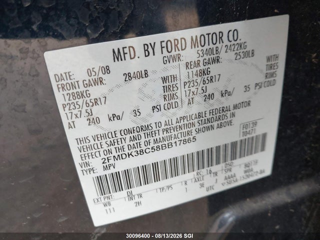2008 Ford Edge Sel მანქანა იყიდება აუქციონზე, vin: 2FMDK38C58BB17865, აუქციონის ნომერი: 30096400