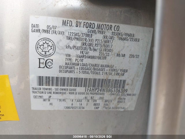 Продаж на аукціоні авто 2008 Ford Taurus Sel, vin: 1FAHP24W88G106309, номер лоту: 30096418
