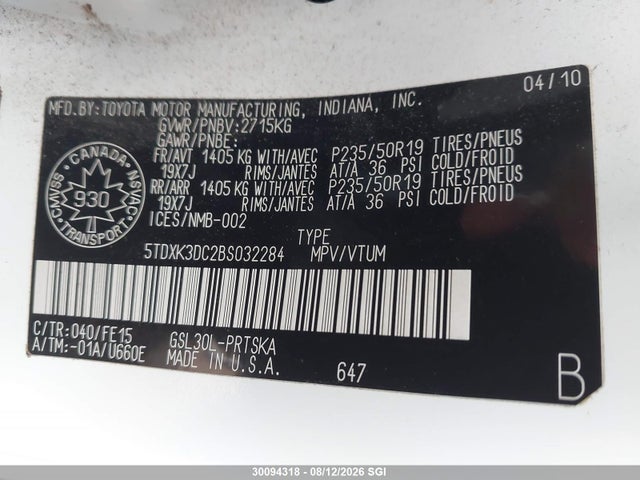 Продаж на аукціоні авто 2011 Toyota Sienna Sport, vin: 5TDXK3DC2BS032284, номер лоту: 30094318