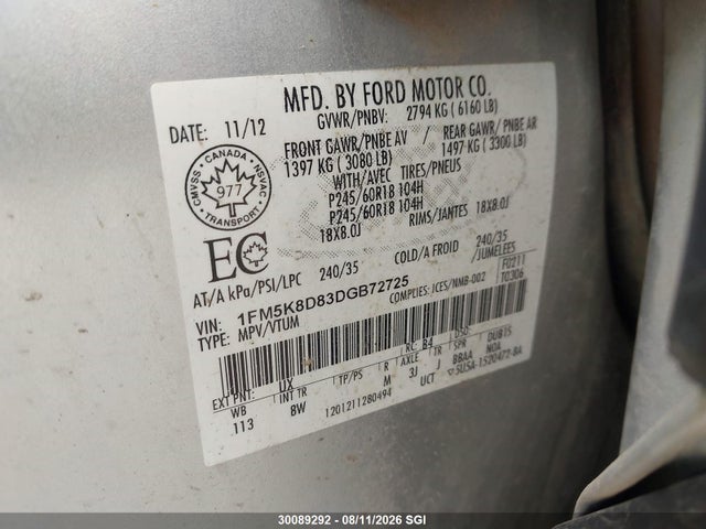30089292 :رقم المزاد ، 1FM5K8D83DGB72725 vin ، 2013 Ford Explorer Xlt مزاد بيع