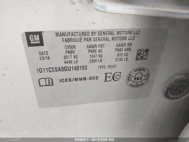 2016 Chevrolet Malibu Limited Lt მანქანა იყიდება აუქციონზე, vin: 1G11C5SA8GU148150, აუქციონის ნომერი: 30096411
