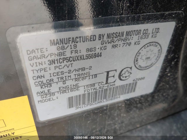 Aukcja sprzedaży 2019 Nissan Kicks S/sr/sv, vin: 3N1CP5CUXKL556944, numer aukcji: 30095146