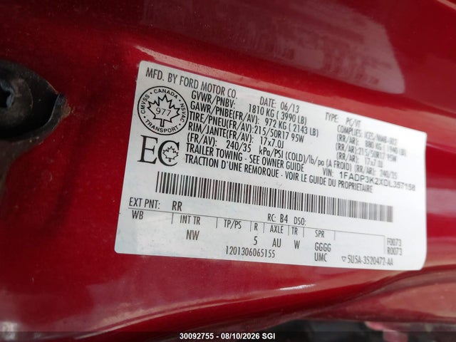 30092755 :رقم المزاد ، 1FADP3K2XDL357158 vin ، 2013 Ford Focus Se مزاد بيع