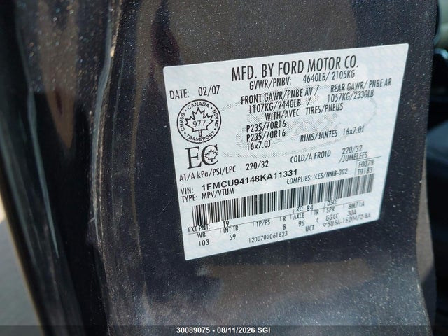 2008 Ford Escape Limited მანქანა იყიდება აუქციონზე, vin: 1FMCU94148KA11331, აუქციონის ნომერი: 30089075